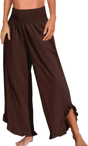 Womens Casual Linen Pants Drawstring Elastic Waist Wide Leg Loose Fit Trousers Beach Vacation Outfits