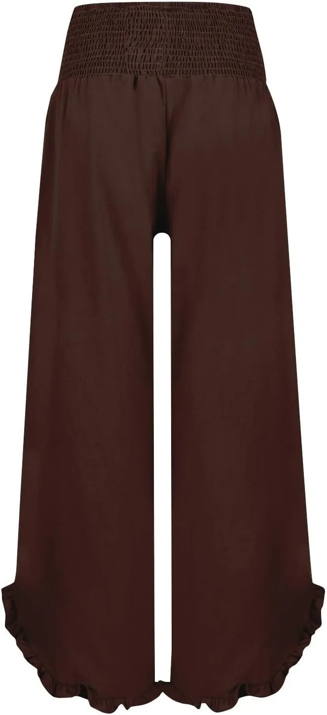 Womens Casual Linen Pants Drawstring Elastic Waist Wide Leg Loose Fit Trousers Beach Vacation Outfits