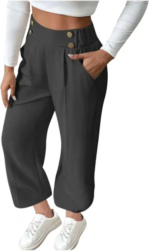 Women's Casual Linen Pants Summer Wide Leg Slacks Straight Leg Work Pants Elastic Waist Button Trousers with Pockets