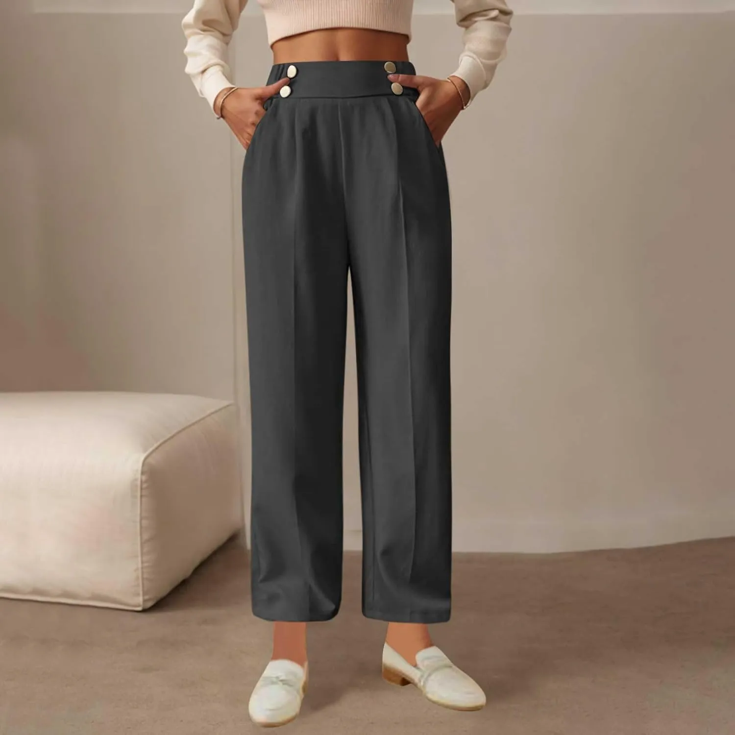 Women's Casual Linen Pants Summer Wide Leg Slacks Straight Leg Work Pants Elastic Waist Button Trousers with Pockets