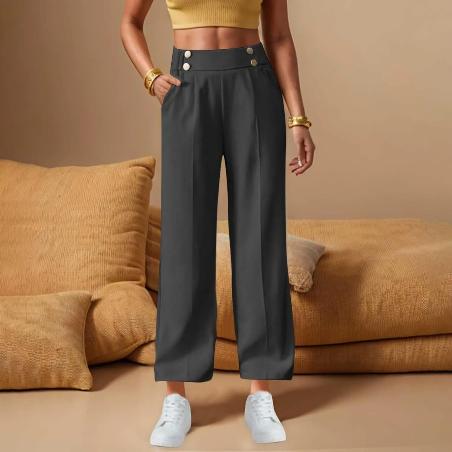 Women's Casual Linen Pants Summer Wide Leg Slacks Straight Leg Work Pants Elastic Waist Button Trousers with Pockets