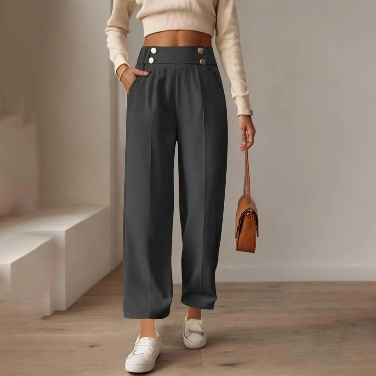 Women's Casual Linen Pants Summer Wide Leg Slacks Straight Leg Work Pants Elastic Waist Button Trousers with Pockets