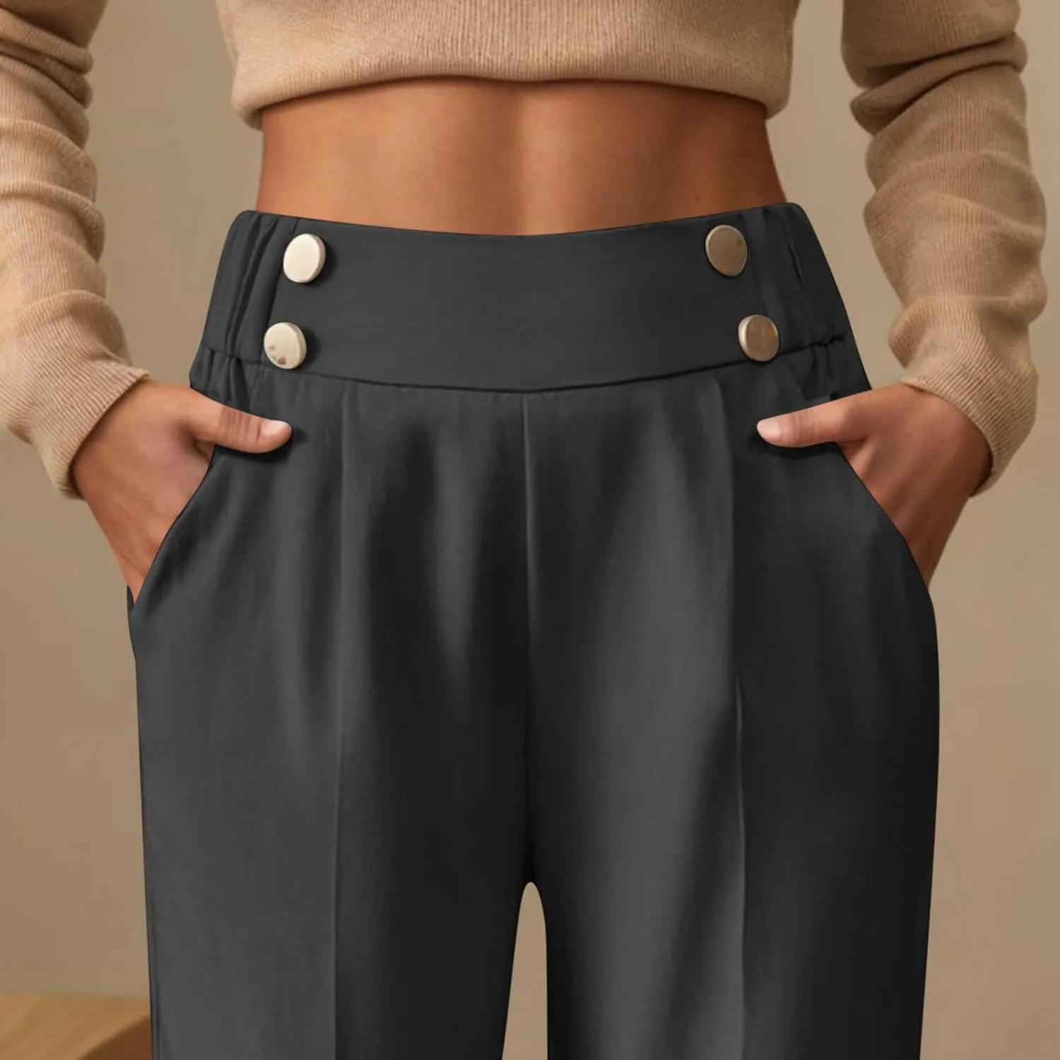 Women's Casual Linen Pants Summer Wide Leg Slacks Straight Leg Work Pants Elastic Waist Button Trousers with Pockets