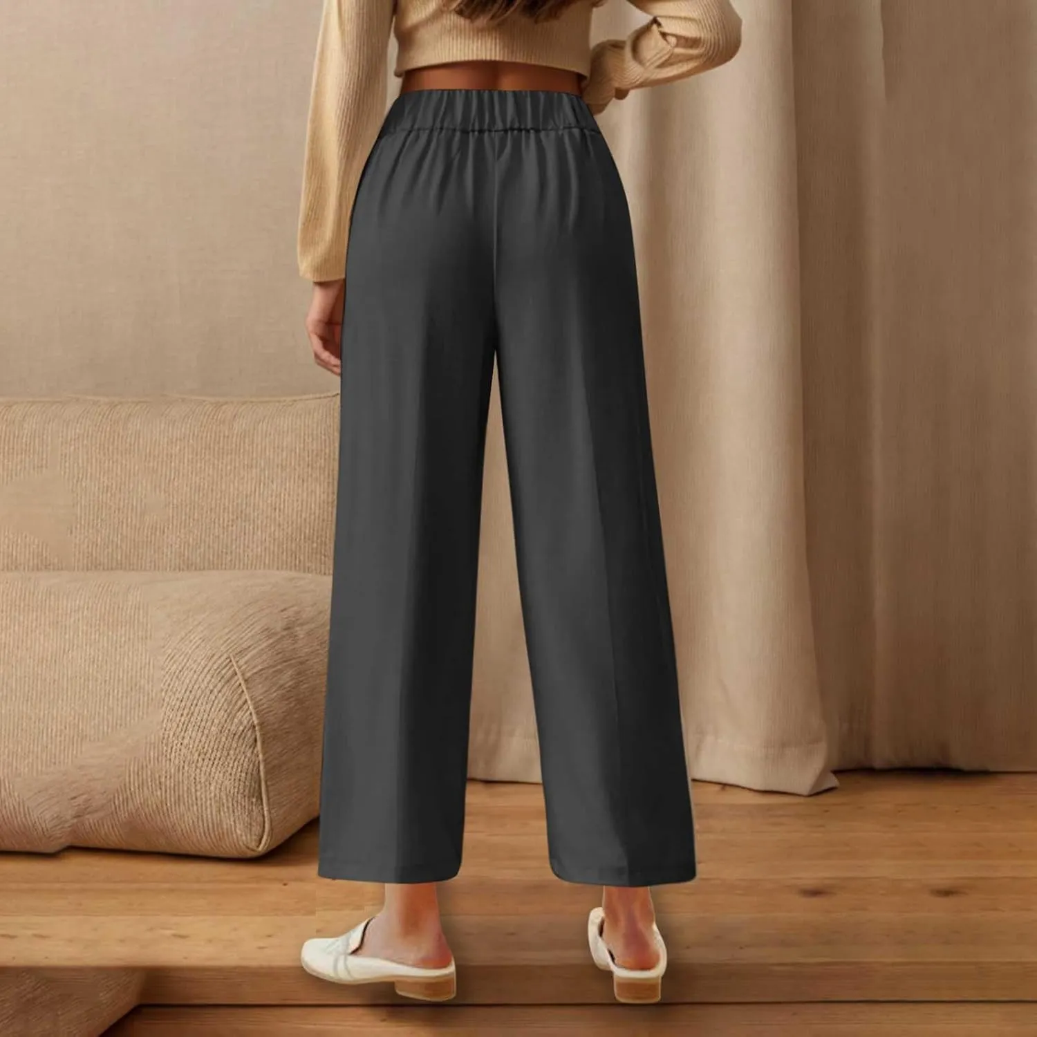 Women's Casual Linen Pants Summer Wide Leg Slacks Straight Leg Work Pants Elastic Waist Button Trousers with Pockets