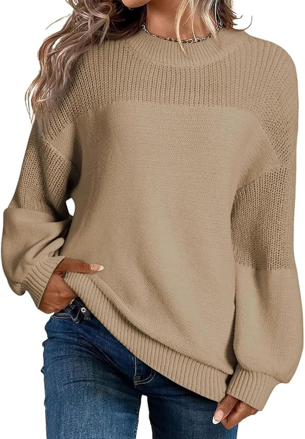 Women's Casual Long Sleeve Sweaters Loose Pullover Sweater Jumper Tops Crew Neck Casual Chunky Knit Pullover Sweaters