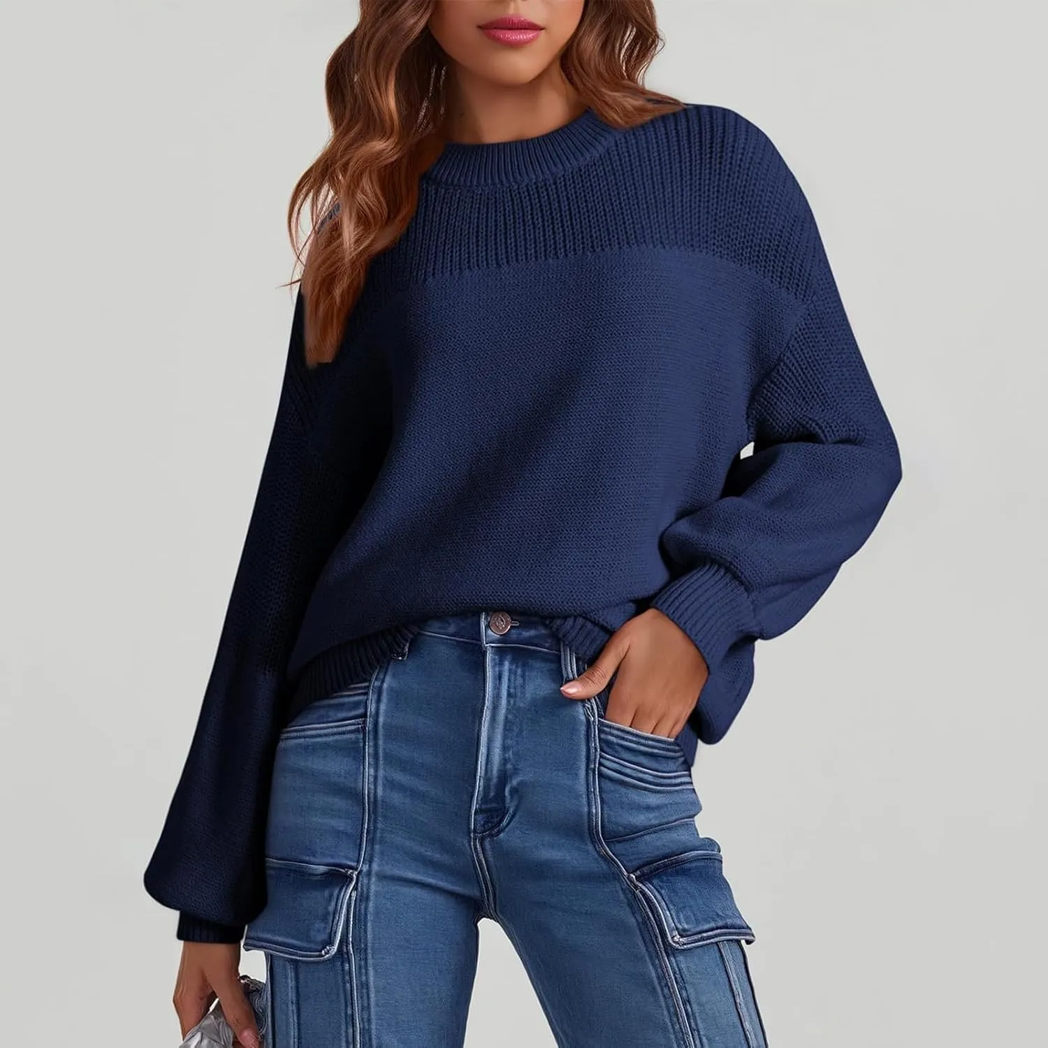 Women's Casual Long Sleeve Sweaters Loose Pullover Sweater Jumper Tops Crew Neck Casual Chunky Knit Pullover Sweaters