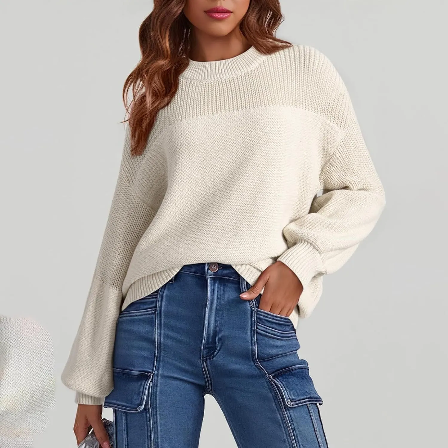 Women's Casual Long Sleeve Sweaters Loose Pullover Sweater Jumper Tops Crew Neck Casual Chunky Knit Pullover Sweaters