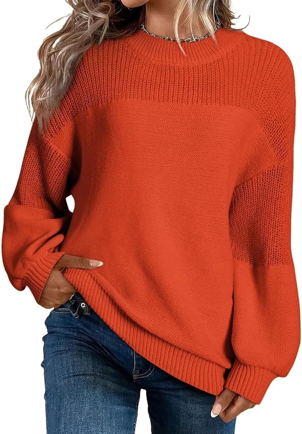 Women's Casual Long Sleeve Sweaters Loose Pullover Sweater Jumper Tops Crew Neck Casual Chunky Knit Pullover Sweaters