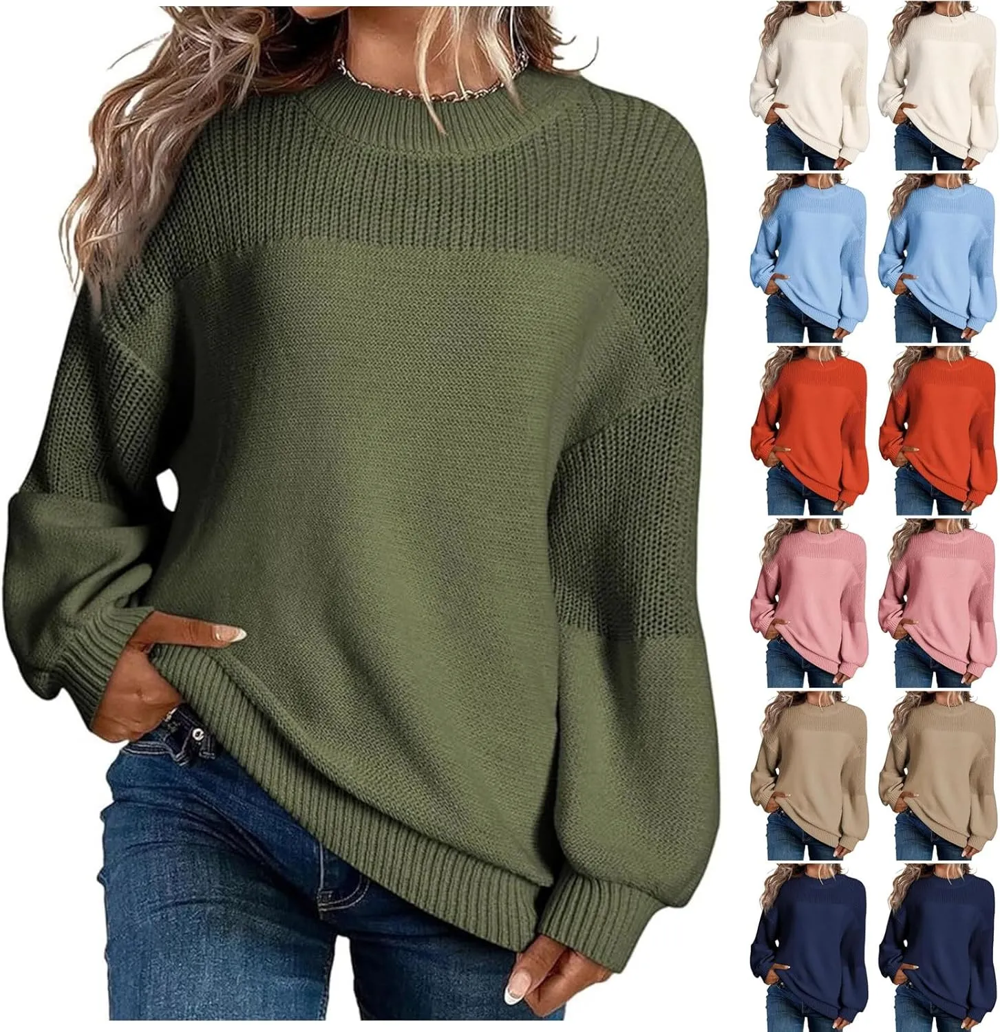 Women's Casual Long Sleeve Sweaters Loose Pullover Sweater Jumper Tops Crew Neck Casual Chunky Knit Pullover Sweaters