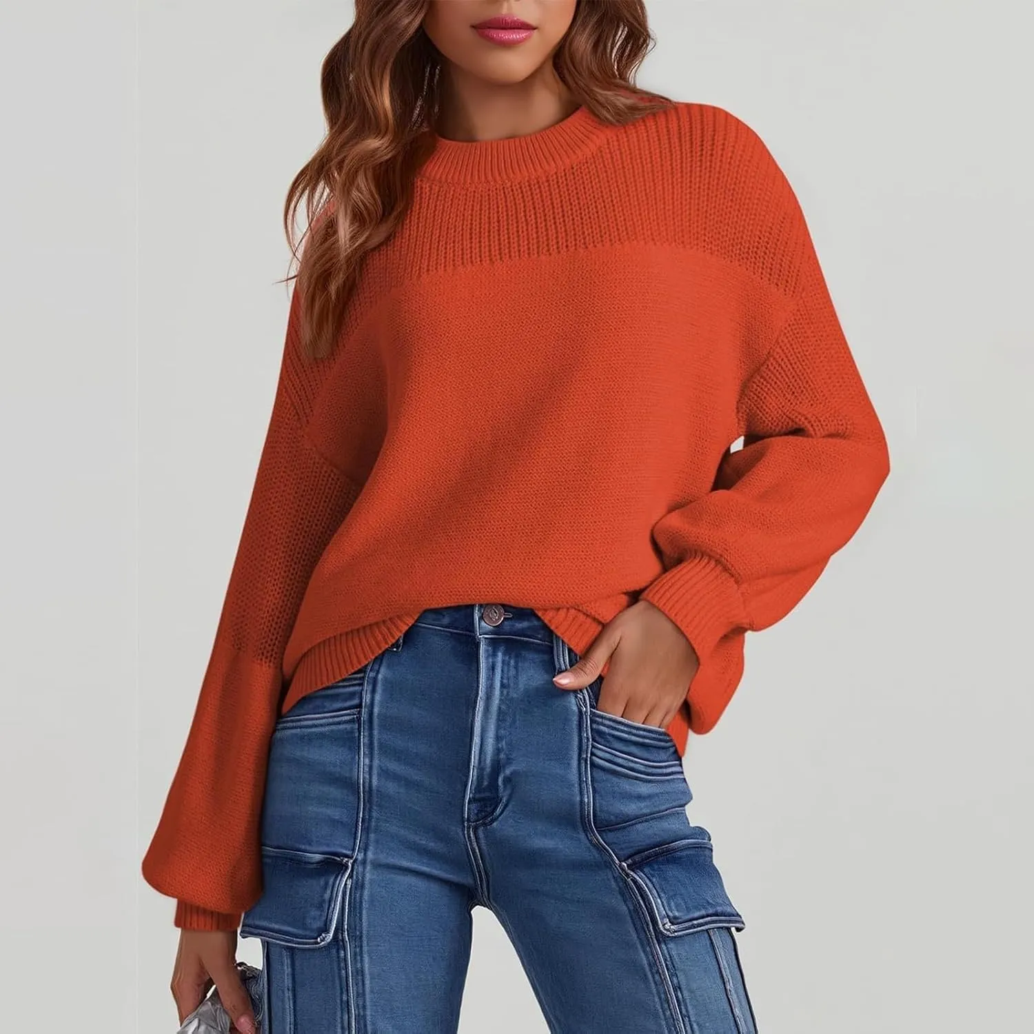 Women's Casual Long Sleeve Sweaters Loose Pullover Sweater Jumper Tops Crew Neck Casual Chunky Knit Pullover Sweaters