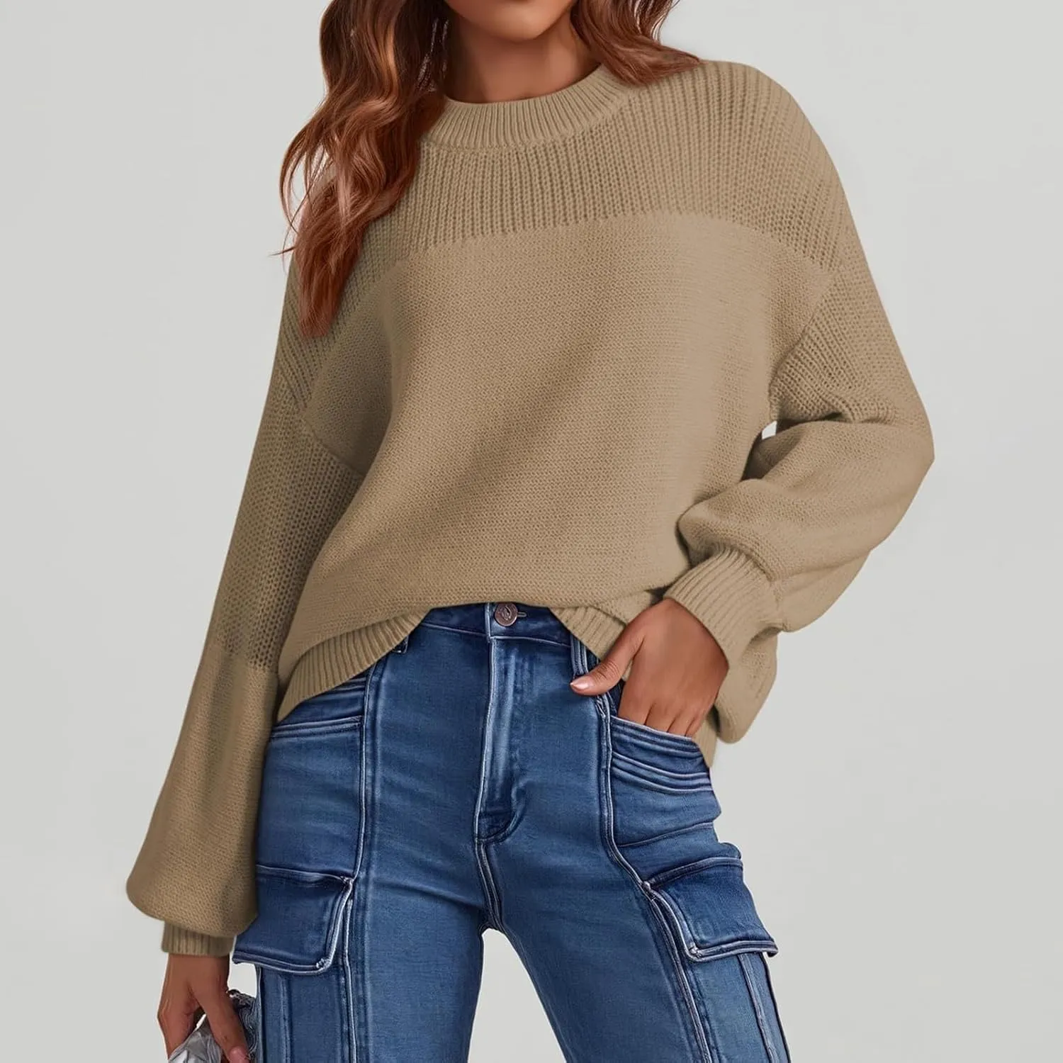 Women's Casual Long Sleeve Sweaters Loose Pullover Sweater Jumper Tops Crew Neck Casual Chunky Knit Pullover Sweaters