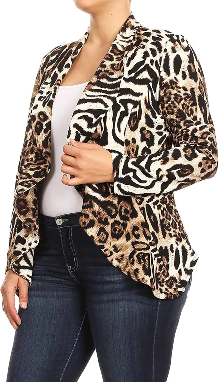 Women's Casual Plus Size Blazer Long Sleeve Open Front Solid and Print