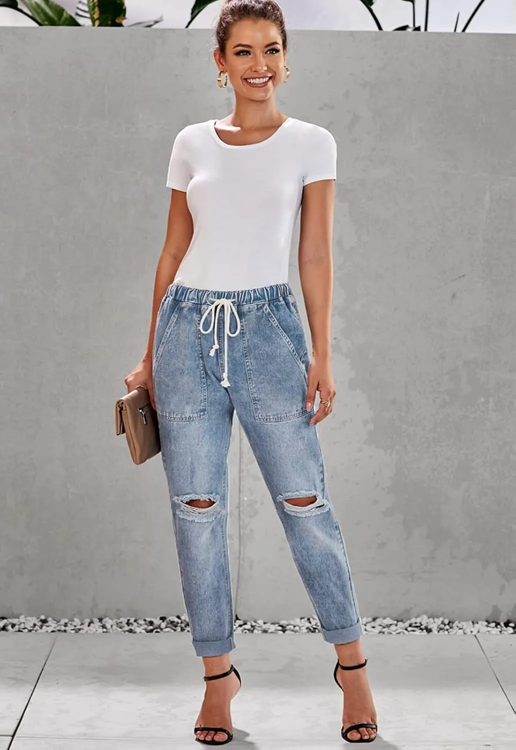 Womens Casual Pull-on Distressed Stretch Jeans Elastic Waist Jean Denim Joggers Pants