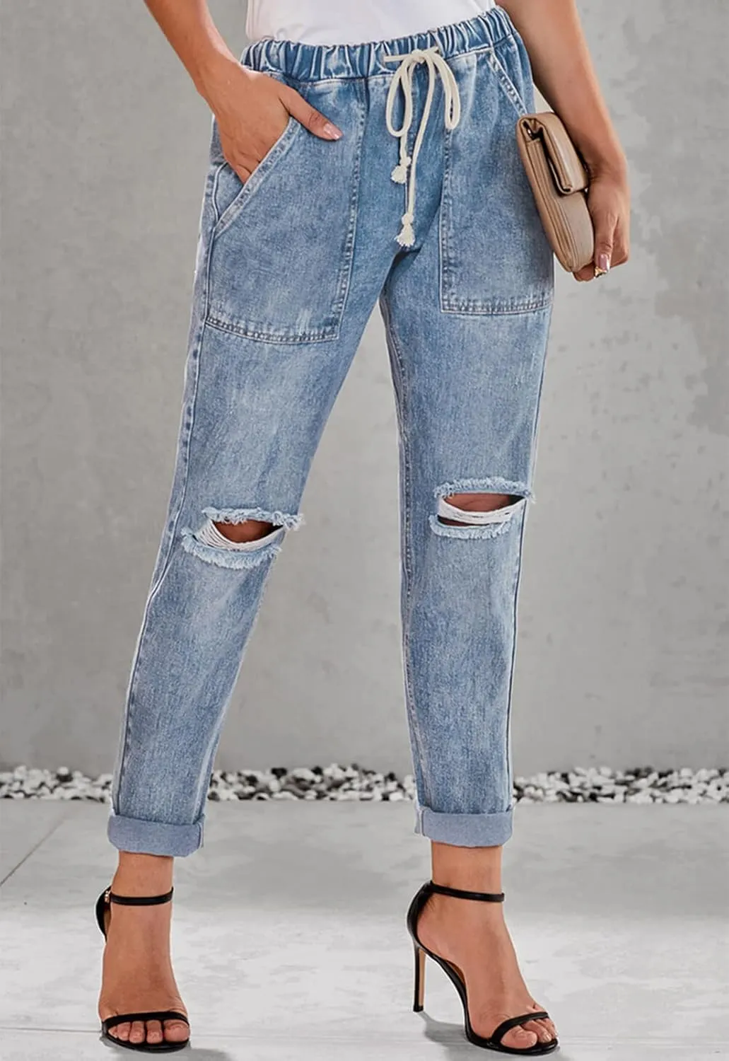 Womens Casual Pull-on Distressed Stretch Jeans Elastic Waist Jean Denim Joggers Pants