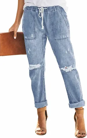 Womens Casual Pull-on Distressed Stretch Jeans Elastic Waist Jean Denim Joggers Pants