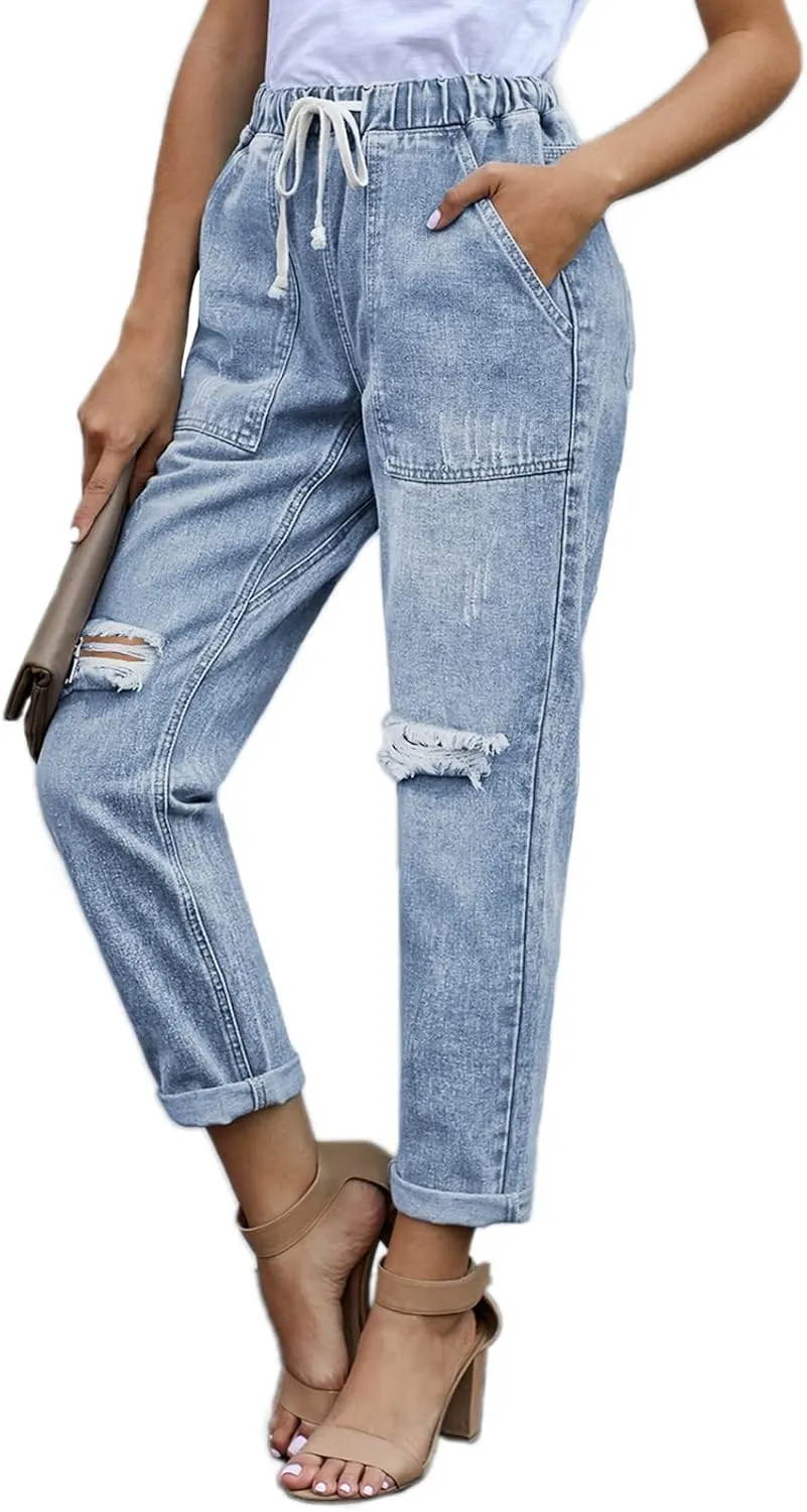 Womens Casual Pull-on Distressed Stretch Jeans Elastic Waist Jean Denim Joggers Pants