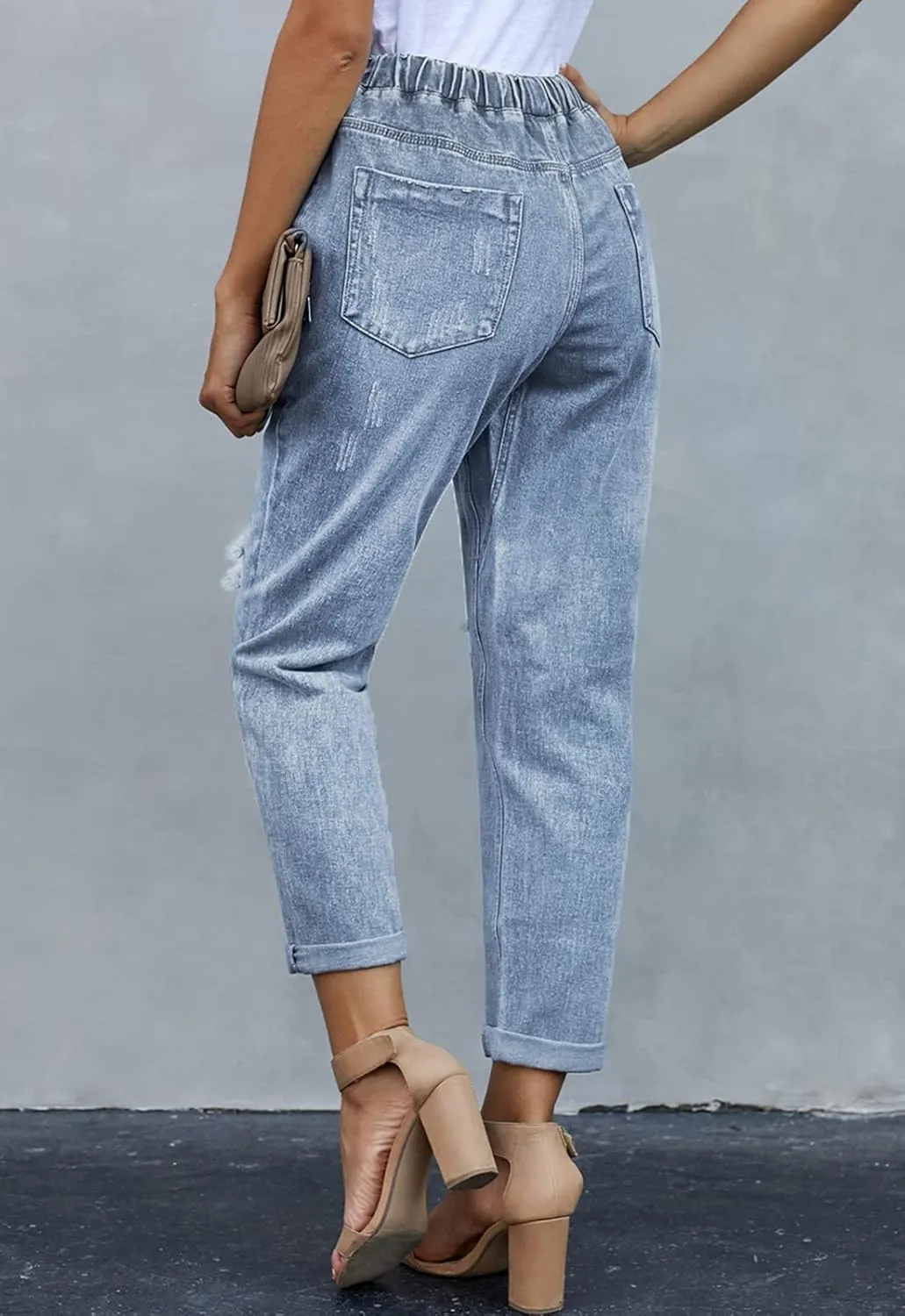 Womens Casual Pull-on Distressed Stretch Jeans Elastic Waist Jean Denim Joggers Pants