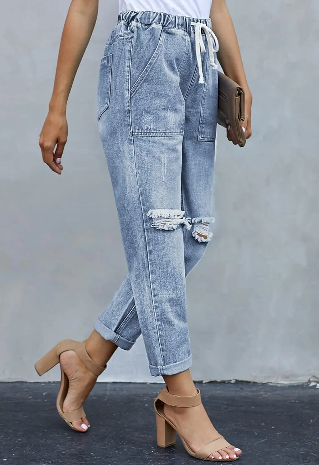 Womens Casual Pull-on Distressed Stretch Jeans Elastic Waist Jean Denim Joggers Pants