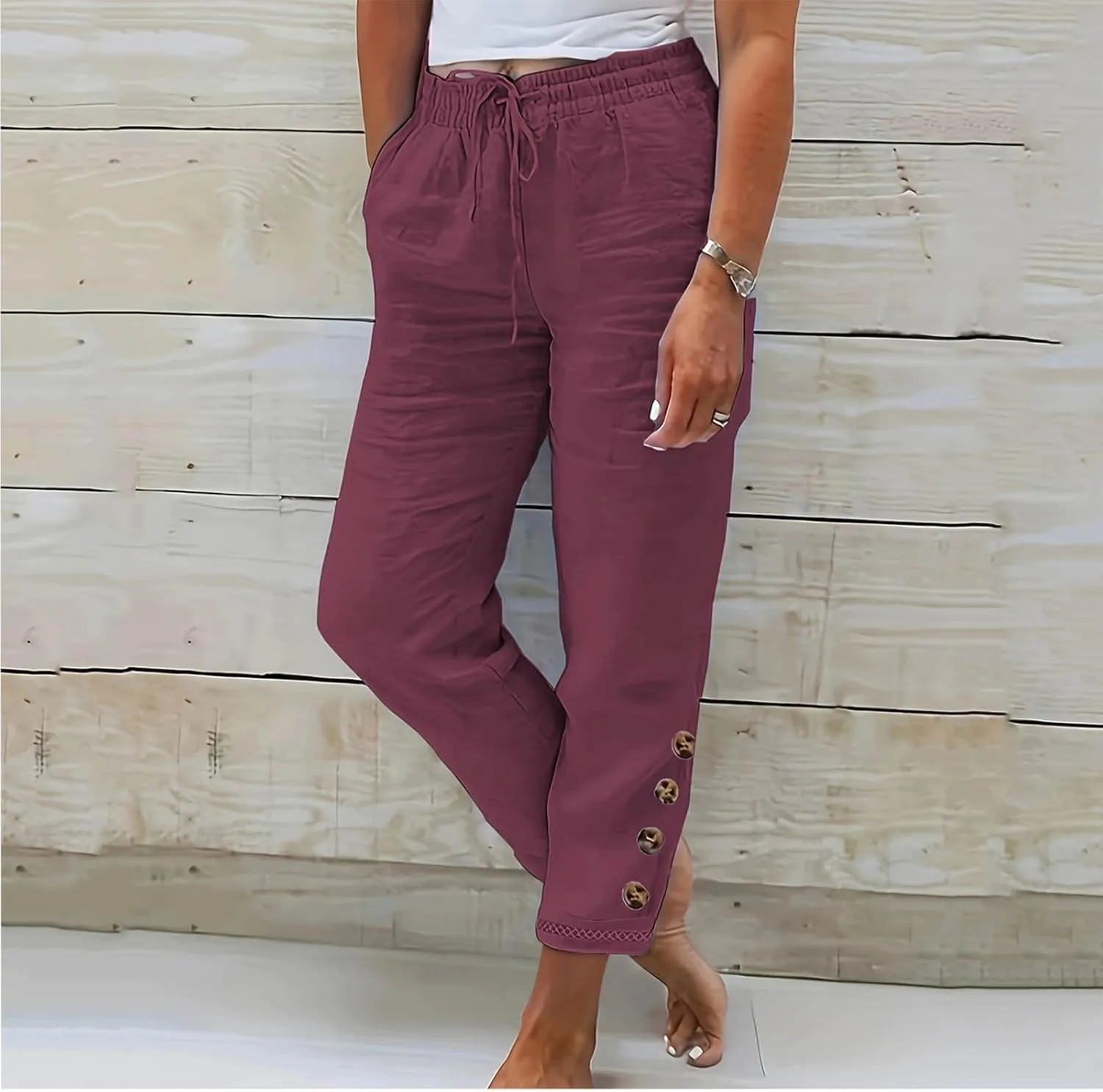 Womens Causal Loose Linen Pants Drawstring Elastic Waist Tapered Pants Button Solid Casual Trousers with Pockets