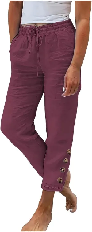 Womens Causal Loose Linen Pants Drawstring Elastic Waist Tapered Pants Button Solid Casual Trousers with Pockets