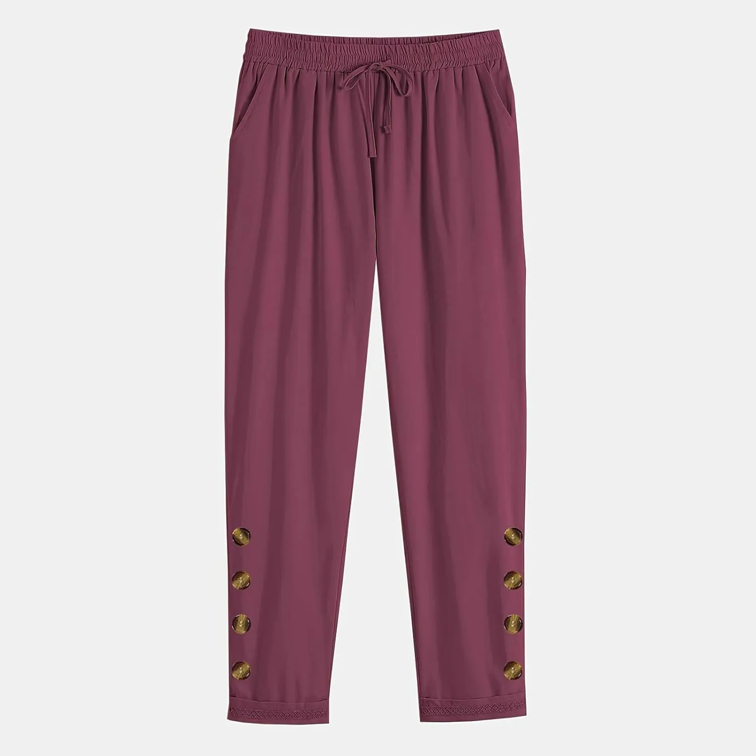 Womens Causal Loose Linen Pants Drawstring Elastic Waist Tapered Pants Button Solid Casual Trousers with Pockets