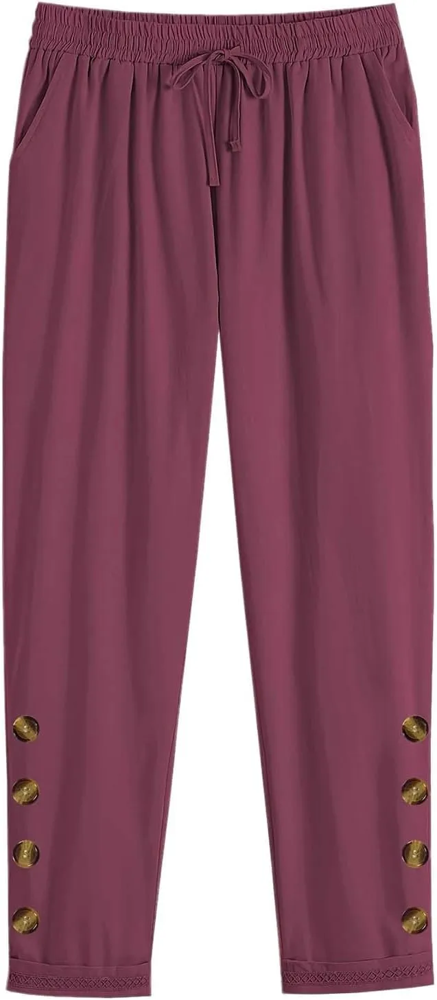 Womens Causal Loose Linen Pants Drawstring Elastic Waist Tapered Pants Button Solid Casual Trousers with Pockets