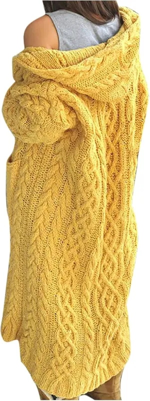 Women's Chunky Knit Long Sleeve Casual Hooded Sweater Plus Size Draped Cardigan Cable Knitted Winter Long Sweater Coat