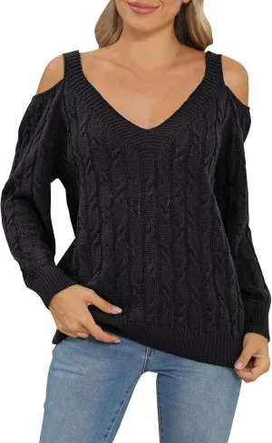 Women's Cold Shoulder Pullover Sweater Tops Long Sleeve Neck Fall Tunic Shirts Trendy Dressy Cute Blouse Plus Size