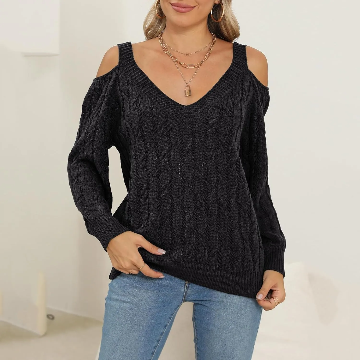 Women's Cold Shoulder Pullover Sweater Tops Long Sleeve Neck Fall Tunic Shirts Trendy Dressy Cute Blouse Plus Size