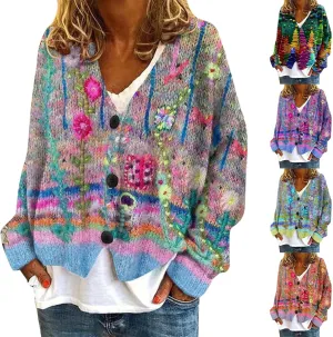 Women's Colorful Rainbow Striped Button Down Cardigan Sweater Oversized Christmas Vintage Knit Jackets