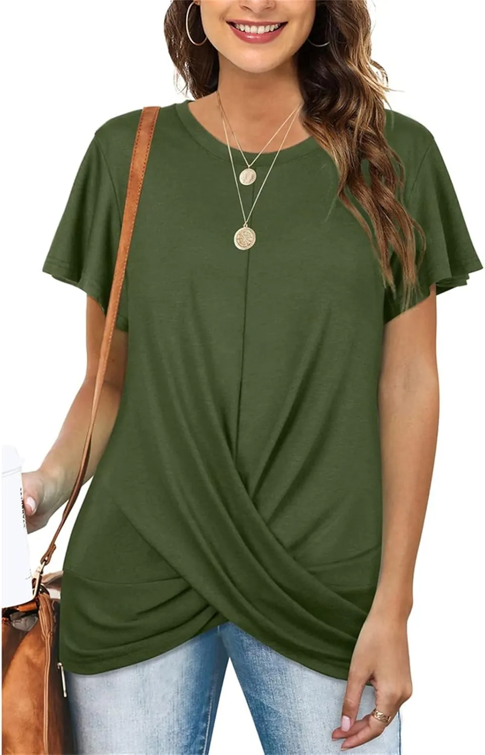 Women's Comfy Casual Summer Tops Short Sleeve V Neck Blouses T Shirts Twist Knot Basic Tees
