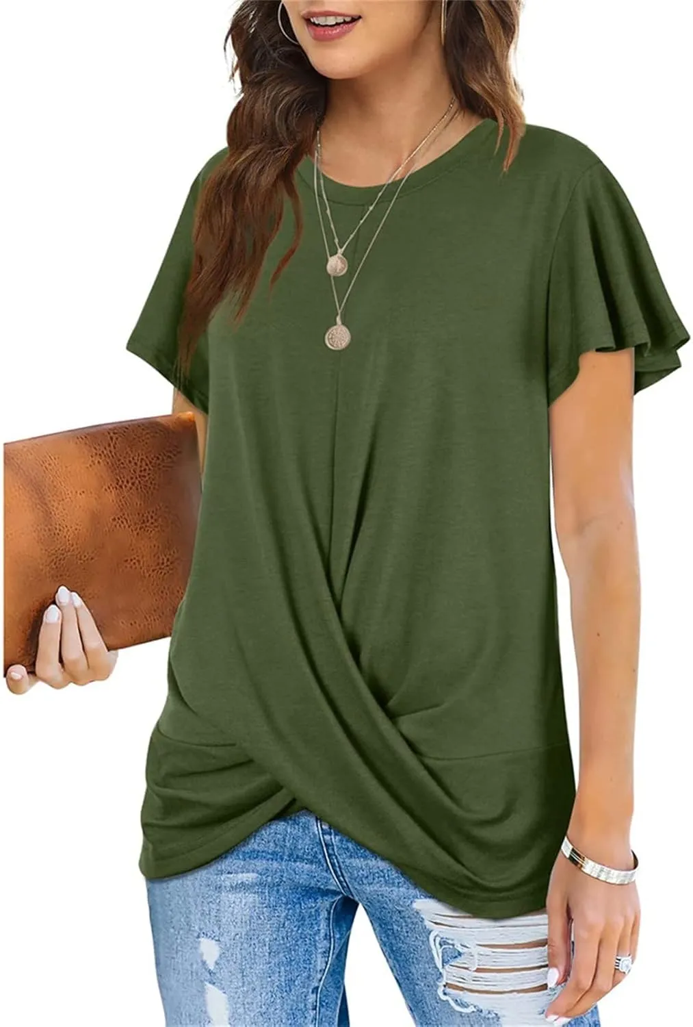 Women's Comfy Casual Summer Tops Short Sleeve V Neck Blouses T Shirts Twist Knot Basic Tees