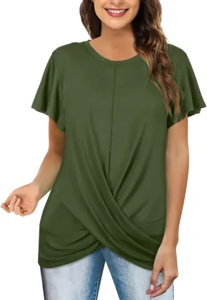 Women's Comfy Casual Summer Tops Short Sleeve V Neck Blouses T Shirts Twist Knot Basic Tees
