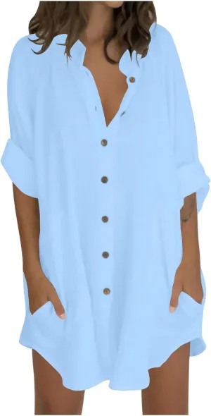 Womens Cotton Linen Button Down Shirts with Pockets 2025 Long Sleeve Loose Fit Oversized Casual Tops Clothes Plus Size
