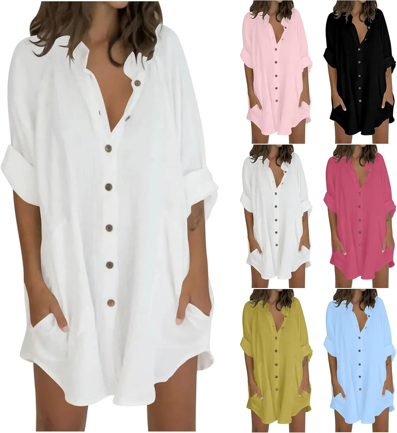 Womens Cotton Linen Button Down Shirts with Pockets 2025 Long Sleeve Loose Fit Oversized Casual Tops Clothes Plus Size