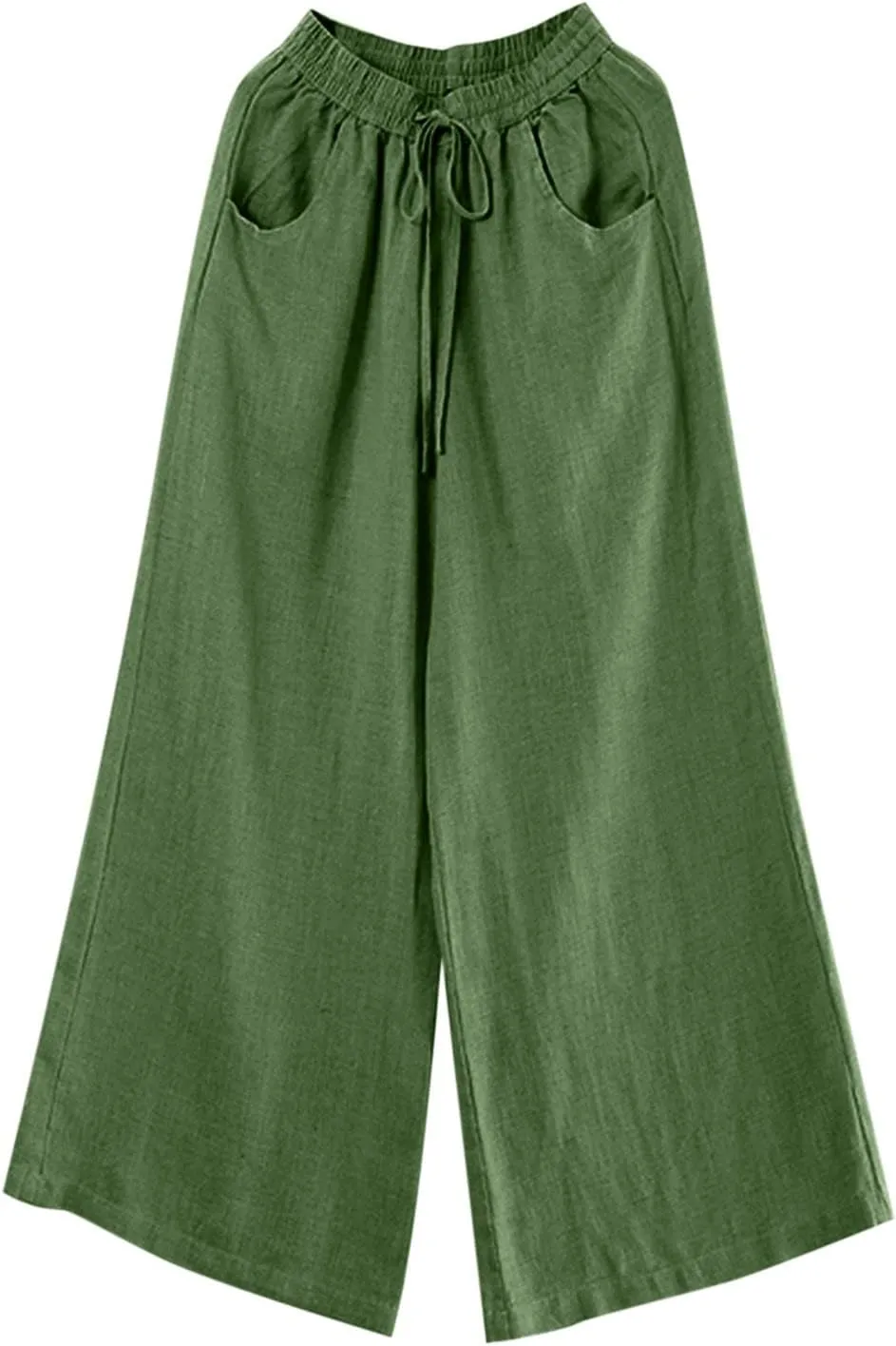 Womens Cotton Linen Palazzo Pants Drawstring Elastic Waist Casual Wide Leg Trousers Summer Beach Pant with Pockets