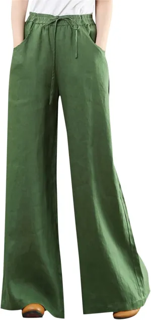 Womens Cotton Linen Palazzo Pants Drawstring Elastic Waist Casual Wide Leg Trousers Summer Beach Pant with Pockets