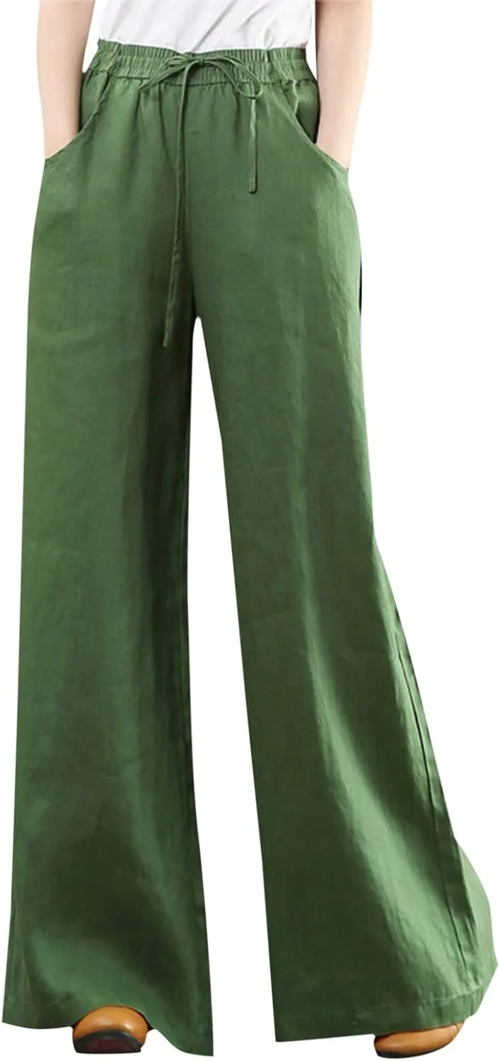 Womens Cotton Linen Palazzo Pants Drawstring Elastic Waist Casual Wide Leg Trousers Summer Beach Pant with Pockets