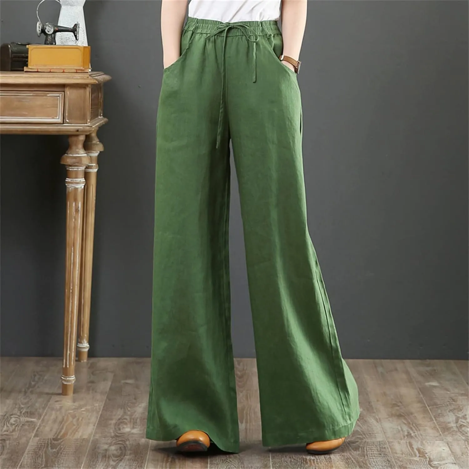 Womens Cotton Linen Palazzo Pants Drawstring Elastic Waist Casual Wide Leg Trousers Summer Beach Pant with Pockets