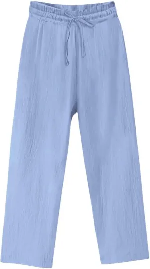 Womens Cotton Linen Palazzo Pants Drawstring Elastic Waist Casual Wide Leg Trousers with Pockets
