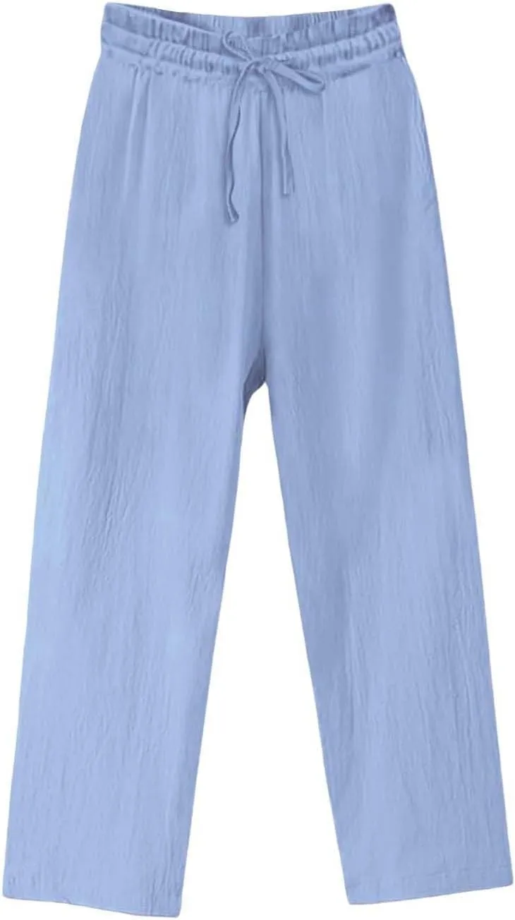 Womens Cotton Linen Palazzo Pants Drawstring Elastic Waist Casual Wide Leg Trousers with Pockets