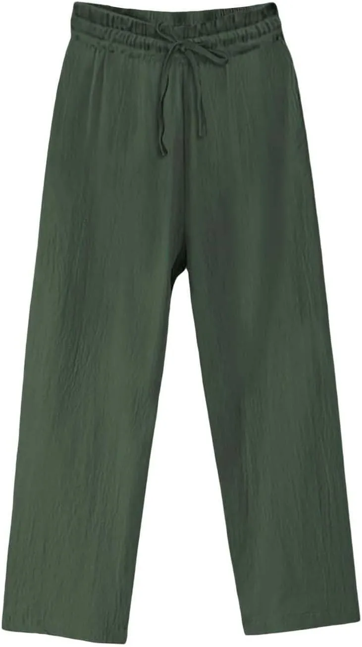 Womens Cotton Linen Palazzo Pants Drawstring Elastic Waist Casual Wide Leg Trousers with Pockets