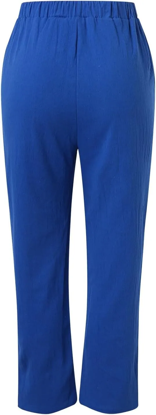 Womens Cotton Linen Pants Hight Elastic Waist Drawstring Straight Leg Summer 2025 Trendy Beach Yoga Trousers with Pockets