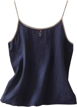 Womens Cotton Linen Tank Tops Casual Summer Sleeveless Spaghetti Strap Gauze Shirt Solid Breathable Flowy Camisoles