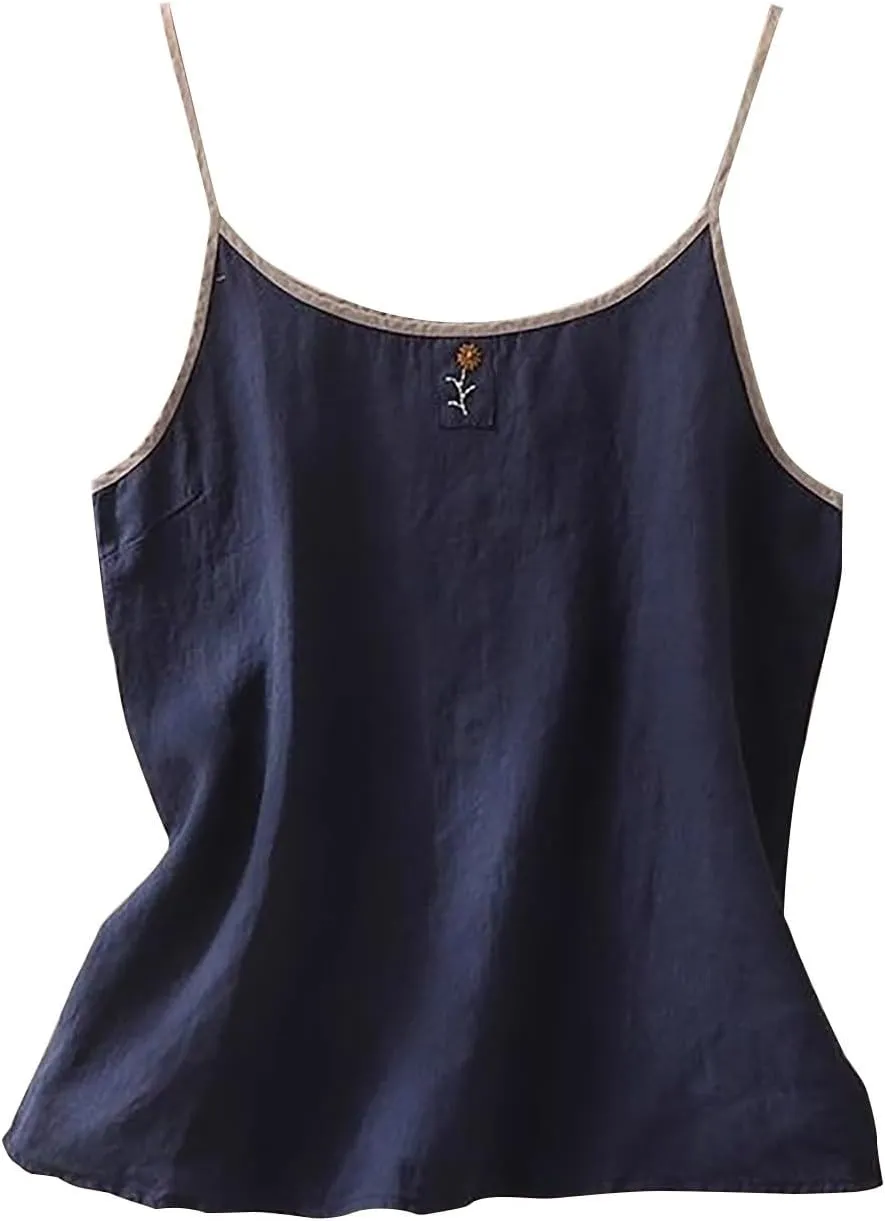 Womens Cotton Linen Tank Tops Casual Summer Sleeveless Spaghetti Strap Gauze Shirt Solid Breathable Flowy Camisoles