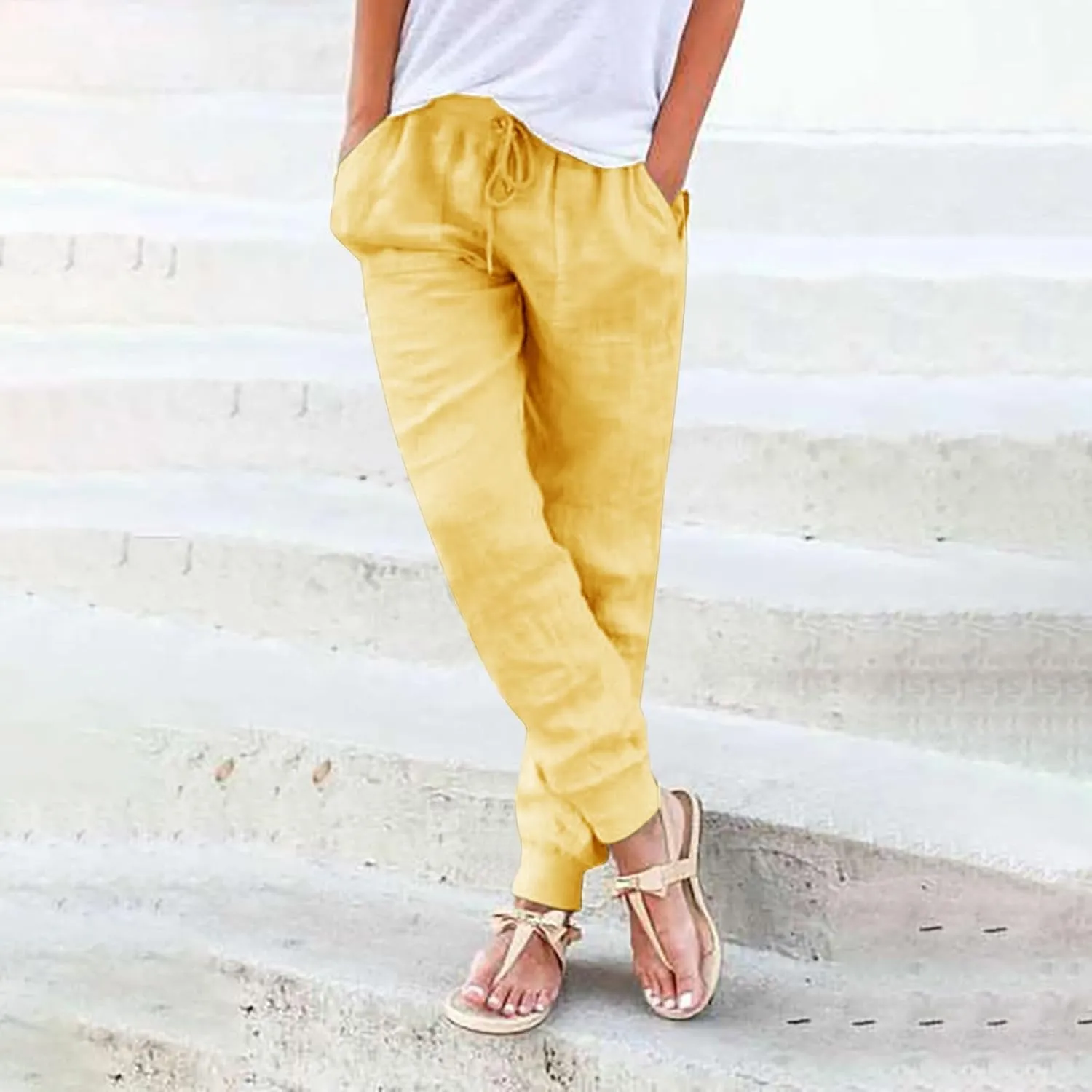 Womens Cotton Linen Tapered Pants Summer Drawstring Elastic Waist Pants Casual Trousers with Pockets