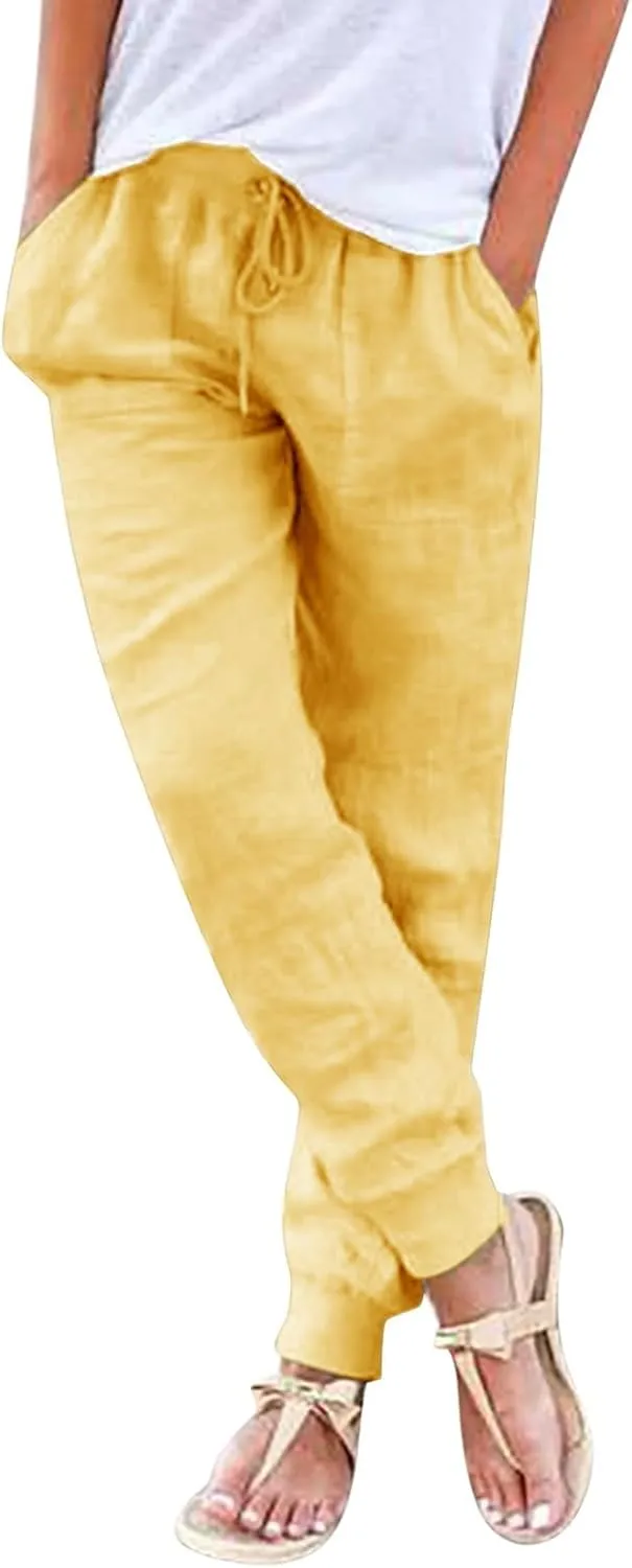 Womens Cotton Linen Tapered Pants Summer Drawstring Elastic Waist Pants Casual Trousers with Pockets