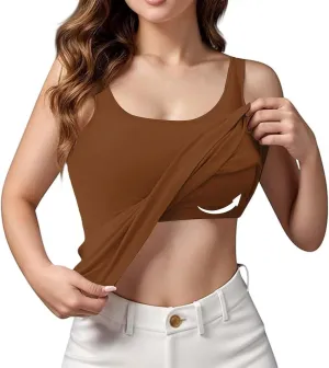 Women's Cotton Plus Size Tank Tops with Built in Bra Solid Color Wide Strap Camisole Top with Shelf Bras