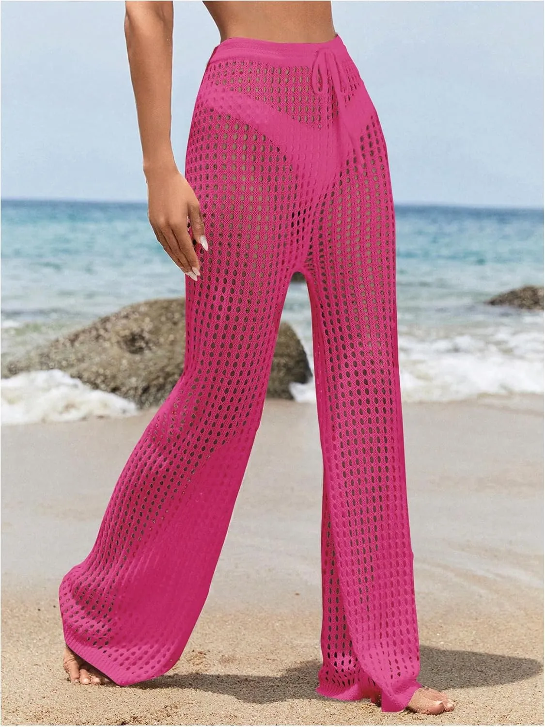 Women's Cover Up Beach Pants Hollow Out Drawstring High Elastic Waist Swimsuit Beach Cover Up Pants