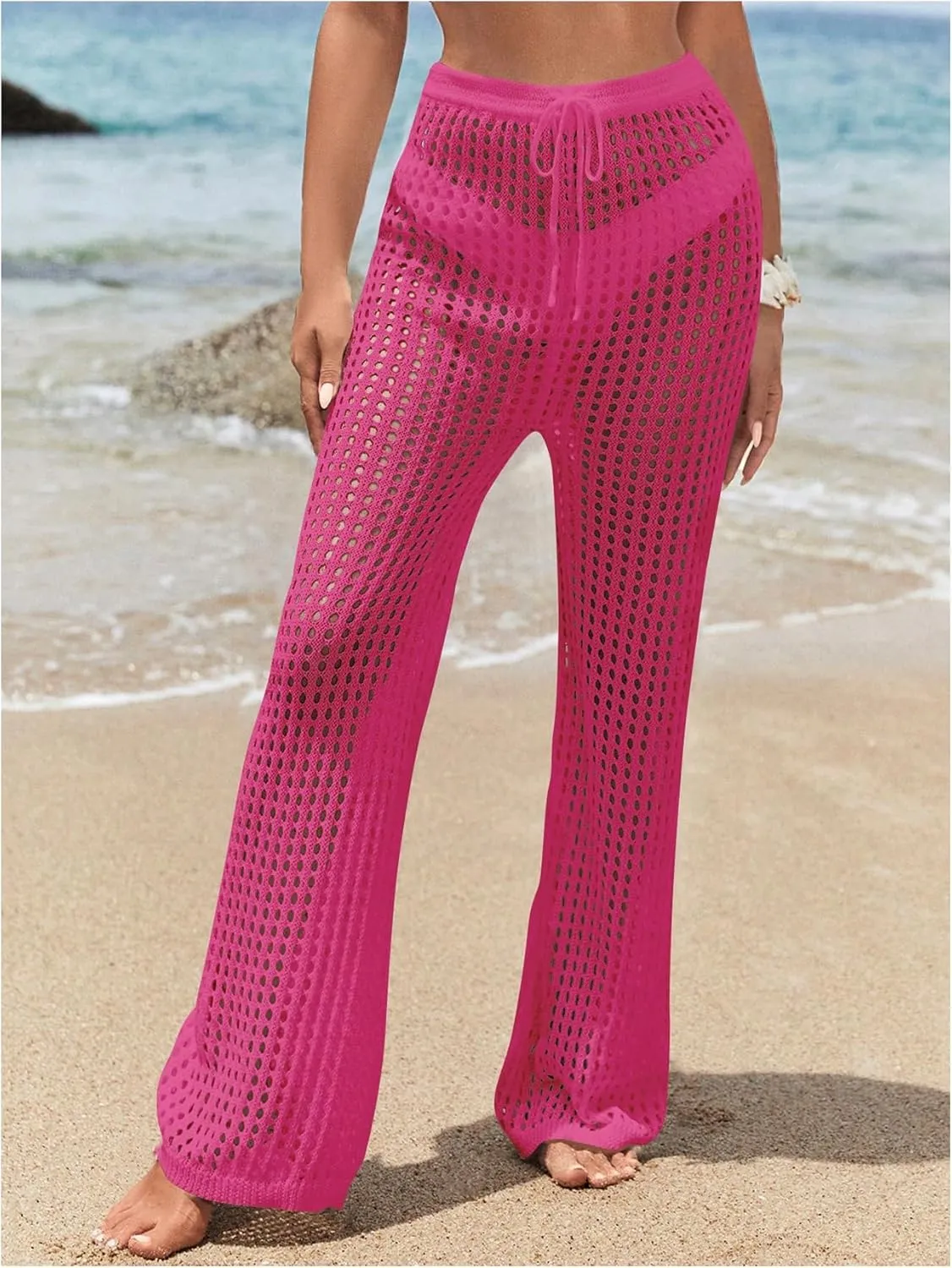 Women's Cover Up Beach Pants Hollow Out Drawstring High Elastic Waist Swimsuit Beach Cover Up Pants